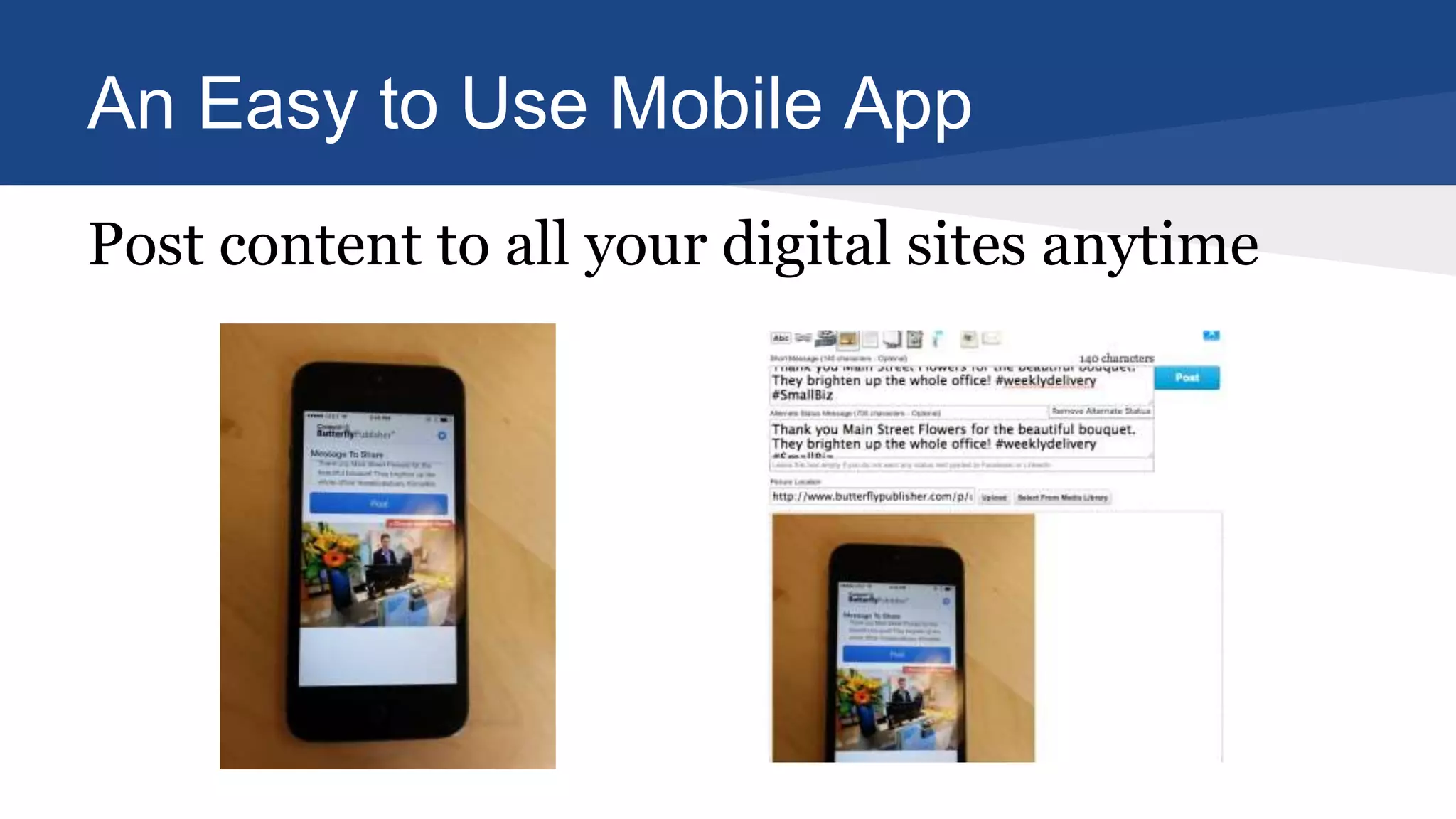 An Easy to Use Mobile App
Post content to all your digital sites anytime
 