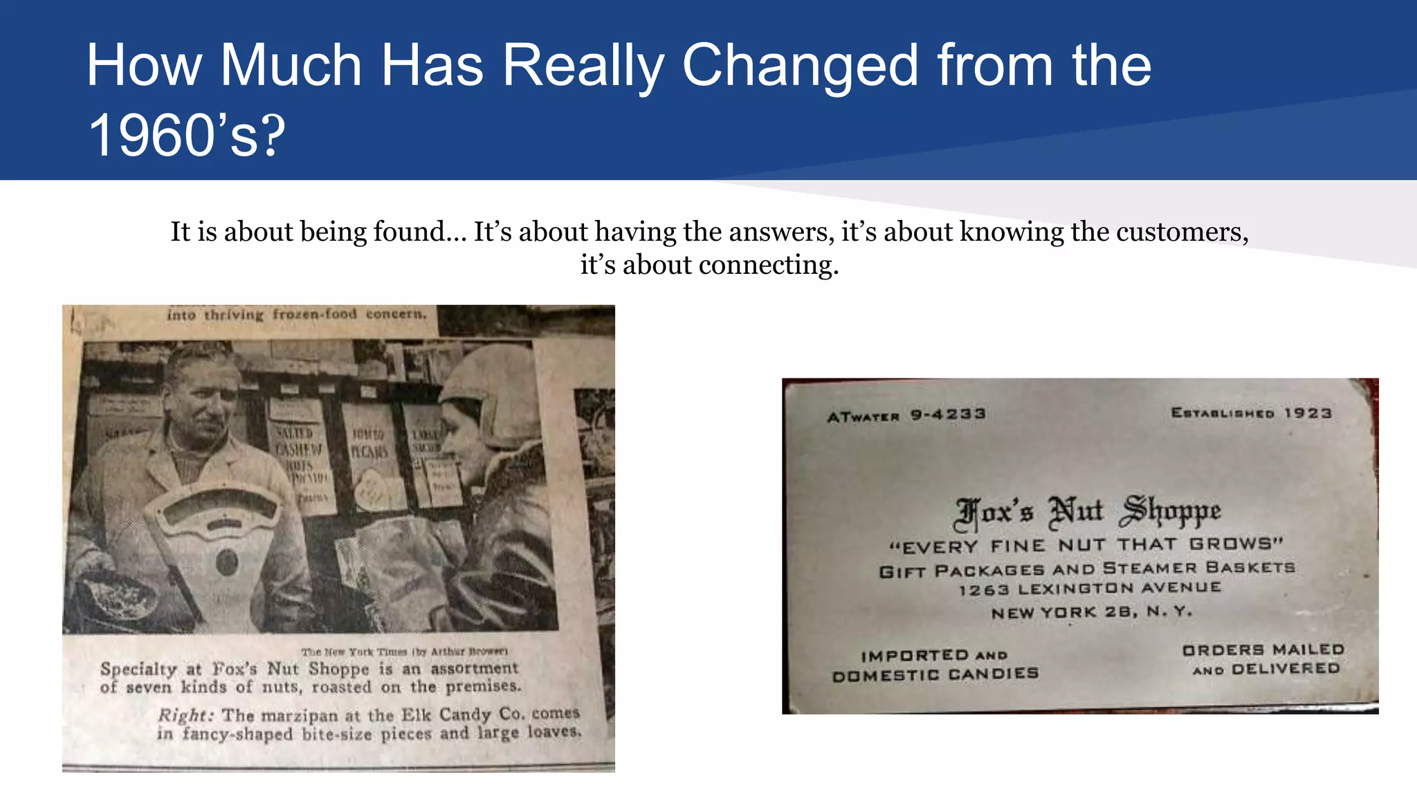 How Much Has Really Changed from the
1960’s?
It is about being found… It’s about having the answers, it’s about knowing the customers,
it’s about connecting.
 