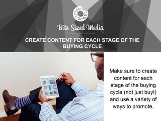 CREATE CONTENT FOR EACH STAGE OF THE
BUYING CYCLE
Make sure to create
content for each
stage of the buying
cycle (not just buy!)
and use a variety of
ways to promote.
 
