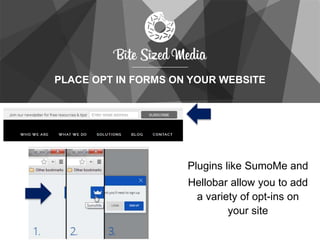 PLACE OPT IN FORMS ON YOUR WEBSITE
Plugins like SumoMe and
Hellobar allow you to add
a variety of opt-ins on
your site
 