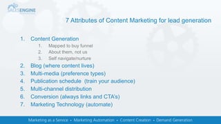 7 Attributes of Content Marketing for lead generation
1. Content Generation
1. Mapped to buy funnel
2. About them, not us
3. Self navigate/nurture
2. Blog (where content lives)
3. Multi-media (preference types)
4. Publication schedule (train your audience)
5. Multi-channel distribution
6. Conversion (always links and CTA’s)
7. Marketing Technology (automate)
 