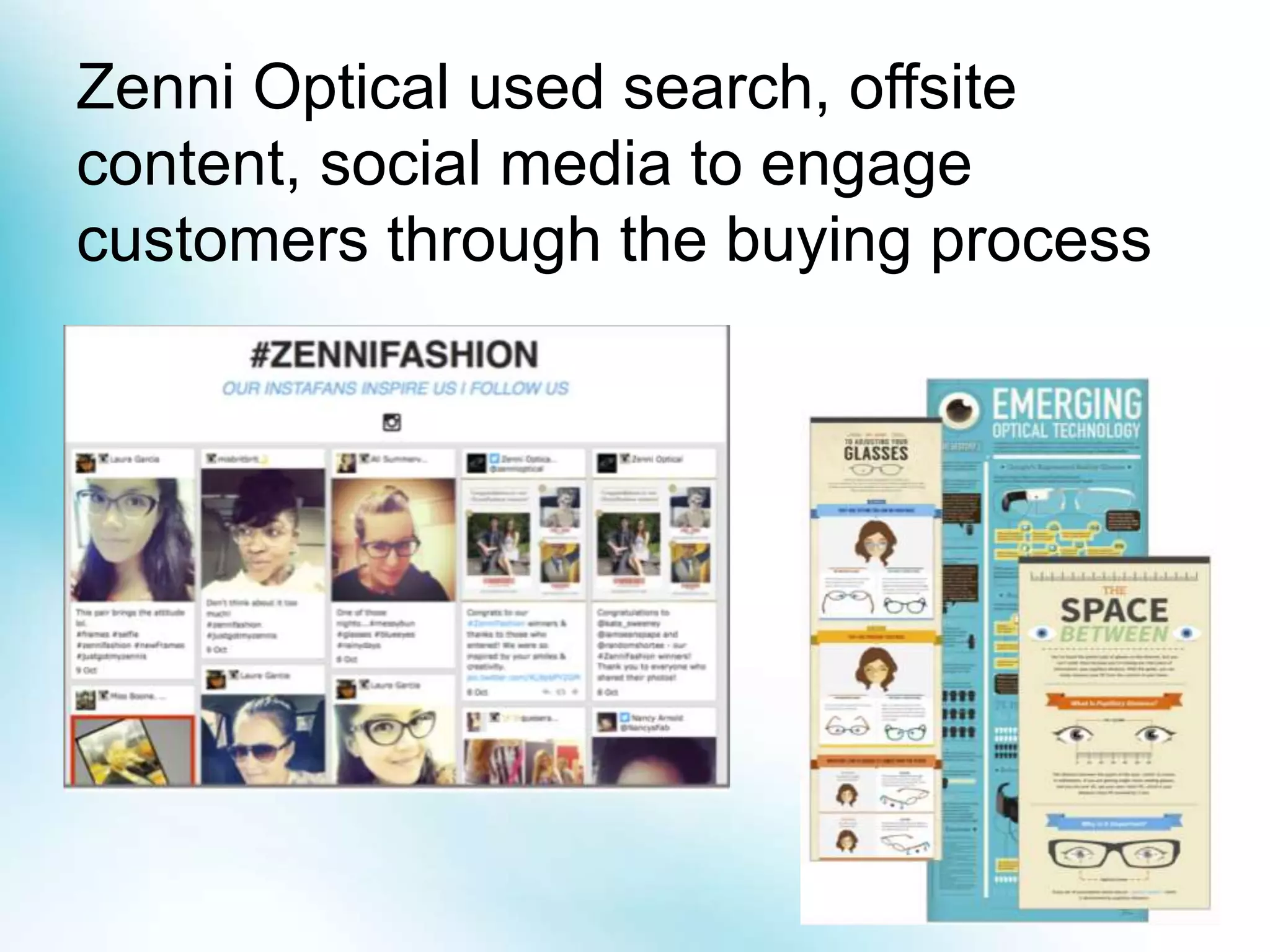 Zenni Optical used search, offsite
content, social media to engage
customers through the buying process
 