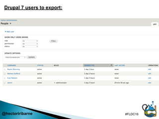 @hectoriribarne #FLDC16
Drupal 7 users to export:
 