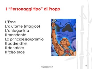ninjacademy.it
16
I “Personaggi tipo” di Propp
L’Eroe
L’aiutante (magico)
L’antagonista
Il mandante
La principessa/premio
Il padre di lei
Il donatore
Il falso eroe
 
