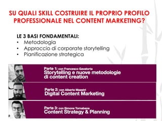 ninjacademy.it
SU QUALI SKILL COSTRUIRE IL PROPRIO PROFILO
PROFESSIONALE NEL CONTENT MARKETING?
27
LE 3 BASI FONDAMENTALI:
•  Metodologia
•  Approccio di corporate storytelling
•  Pianificazione strategica
 