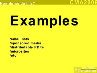 Examples  email lists sponsored media distributable PDFs microsites etc 