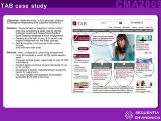Objective : Generate leads, build a prospect pipeline,  & strengthen relationship with customer community  Solution : Create & track engagement using content  Interview customers & sales reps to identify customer needs and content opportunities Build prospect database & track engagement Develop simple lead scoring & business rule triggers integrated into the sales process  Test & measure continuously what content, formats,  and channels work best Results : leads, prospects & community engagement  From 50 contacts a month to 250 online leads a week  Prospect list has grown organically to over 20,000 subscribers Content assets continue to generate leads for up to 30 months  Developed a deeper understanding of customer needs for sales team For every $1000 of investment, this program generates $120,000 of revenue 
