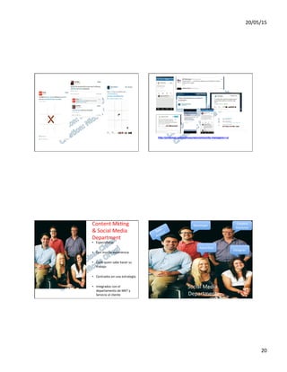 20/05/15	
  
20	
  
http://pinterest.com/ophcourse/community-managers-i-u/
Content	
  Mk7ng	
  
&	
  Social	
  Media	
  
Department	
  
•  Especialistas	
  
•  Con	
  mucha	
  experiencia	
  
•  Cada	
  quien	
  sabe	
  hacer	
  su	
  
trabajo	
  
•  Centrados	
  en	
  una	
  estrategia	
  
•  Integrados	
  con	
  el	
  
departamento	
  de	
  MKT	
  y	
  
Servicio	
  al	
  cliente	
  
Social	
  Media	
  
Department	
  
Data	
  
Analyst	
  
Developer	
  
Adver7ser	
  
Designer	
  
Content	
  
Marketer	
  
 