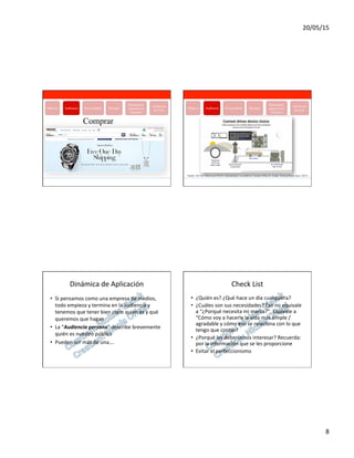 20/05/15	
  
8	
  
www.isdi.es
17
Definición
	
  de éxito
Plataformas
	
  dispositivos
	
   	
  formatos
PersonalidadAudienciaObjetivo Mensaje
Comprar
www.isdi.es
18
Definición
	
  de éxito
Plataformas
	
  dispositivos
	
   	
  formatos
PersonalidadAudienciaObjetivo Mensaje
Estudio: The New Multiscreen-World: Understanding Cross-platform Consumer Behavior. Google, Sterling Brands, Ipsos. (2012)
Dinámica	
  de	
  Aplicación	
  
•  Si	
  pensamos	
  como	
  una	
  empresa	
  de	
  medios,	
  
todo	
  empieza	
  y	
  termina	
  en	
  la	
  audiencia	
  y	
  
tenemos	
  que	
  tener	
  bien	
  claro	
  quién	
  es	
  y	
  qué	
  
queremos	
  que	
  hagan	
  
•  La	
  “Audiencia	
  persona”	
  describe	
  brevemente	
  
quién	
  es	
  nuestro	
  público	
  
•  Pueden	
  ser	
  más	
  de	
  una….	
  
Check	
  List	
  
•  ¿Quién	
  es?	
  ¿Qué	
  hace	
  un	
  día	
  cualquiera?	
  
•  ¿Cuáles	
  son	
  sus	
  necesidades?	
  Eso	
  no	
  equivale	
  
a	
  “¿Porqué	
  necesita	
  mi	
  marca?”.	
  Equivale	
  a	
  
“Cómo	
  voy	
  a	
  hacerle	
  la	
  vida	
  más	
  simple	
  /	
  
agradable	
  y	
  cómo	
  eso	
  se	
  relaciona	
  con	
  lo	
  que	
  
tengo	
  que	
  contar?	
  
•  ¿Porqué	
  les	
  deberíamos	
  interesar?	
  Recuerda:	
  
por	
  la	
  información	
  que	
  se	
  les	
  proporcione	
  
•  Evitar	
  el	
  perfeccionismo	
  
 