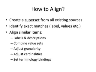 How to Align?
• Create a superset from all existing sources
• Identify exact matches (label, values etc.)
• Align similar items:
  – Labels & descriptions
  – Combine value sets
  – Adjust granularity
  – Adjust cardinalities
  – Set terminology bindings
 