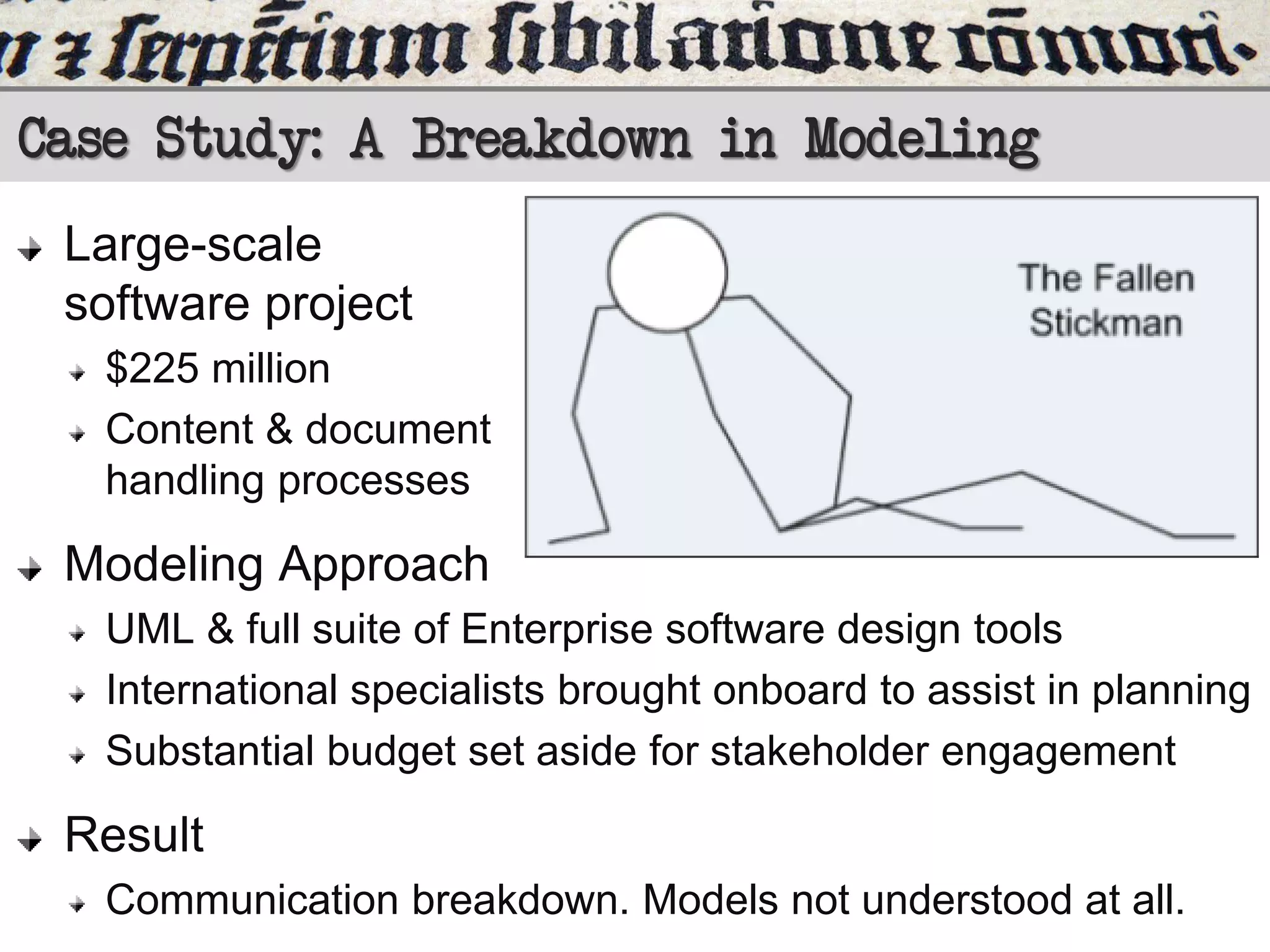 Case Study: A Breakdown in Modeling
Large-scale
software project
$225 million
Content & document
handling processes

Modeling Approach
UML & full suite of Enterprise software design tools
International specialists brought onboard to assist in planning
Substantial budget set aside for stakeholder engagement

Result
Communication breakdown. Models not understood at all.

 