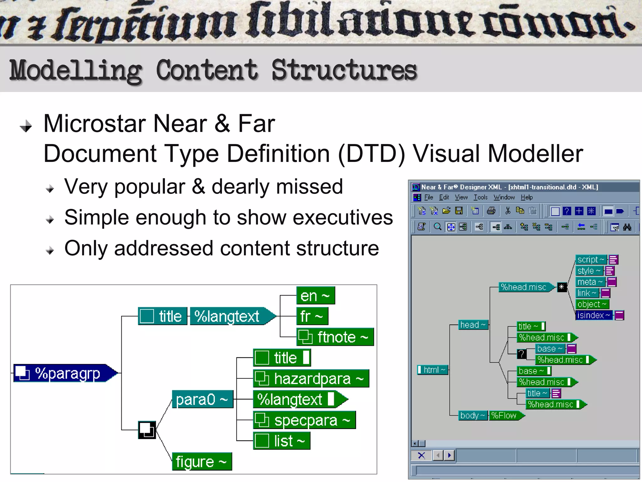 Modelling Content Structures
Microstar Near & Far
Document Type Definition (DTD) Visual Modeller
Very popular & dearly missed
Simple enough to show executives
Only addressed content structure

 