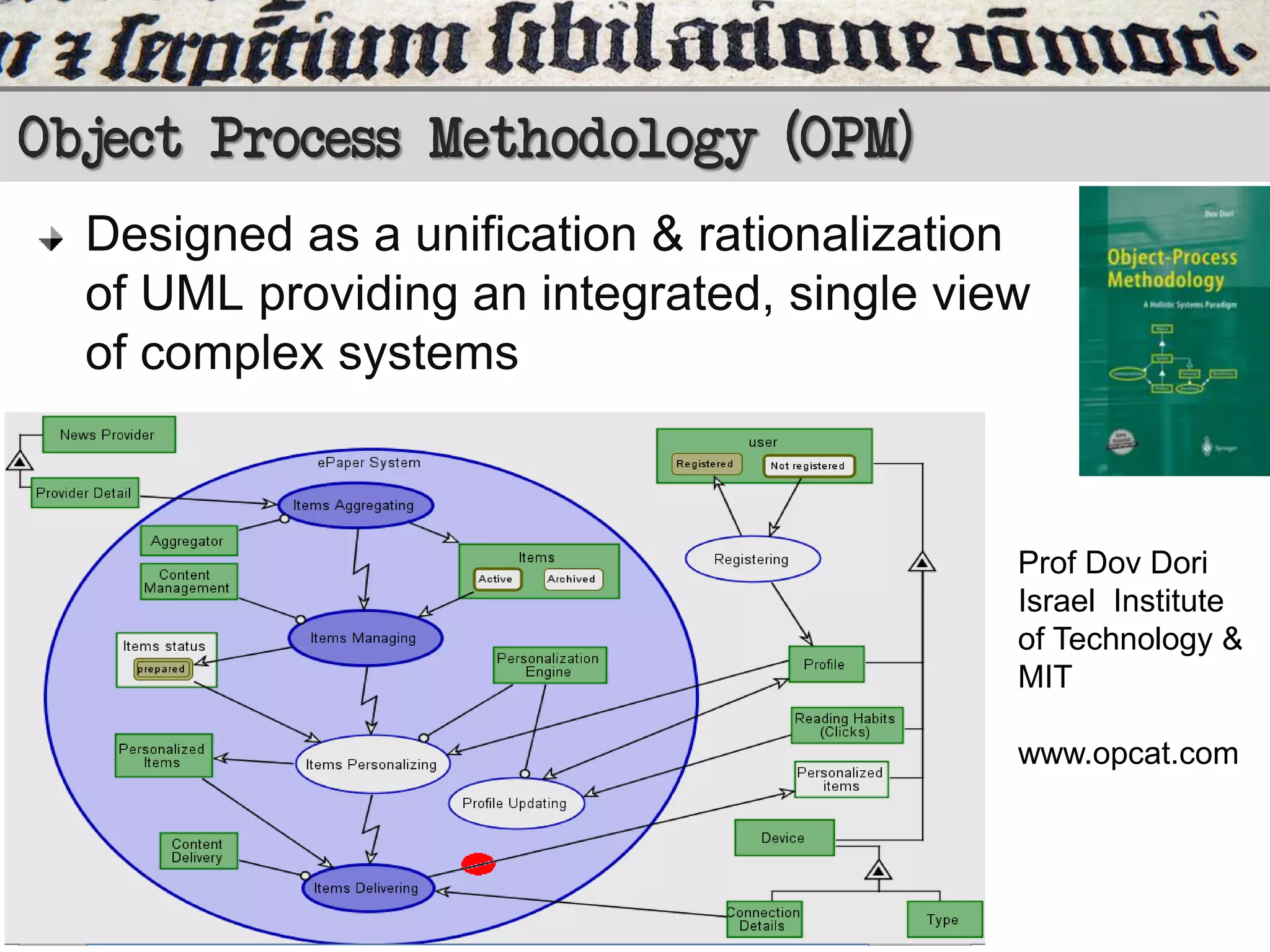 Object Process Methodology (OPM)
Designed as a unification & rationalization
of UML providing an integrated, single view
of complex systems

Prof Dov Dori
Israel Institute
of Technology &
MIT
www.opcat.com

 