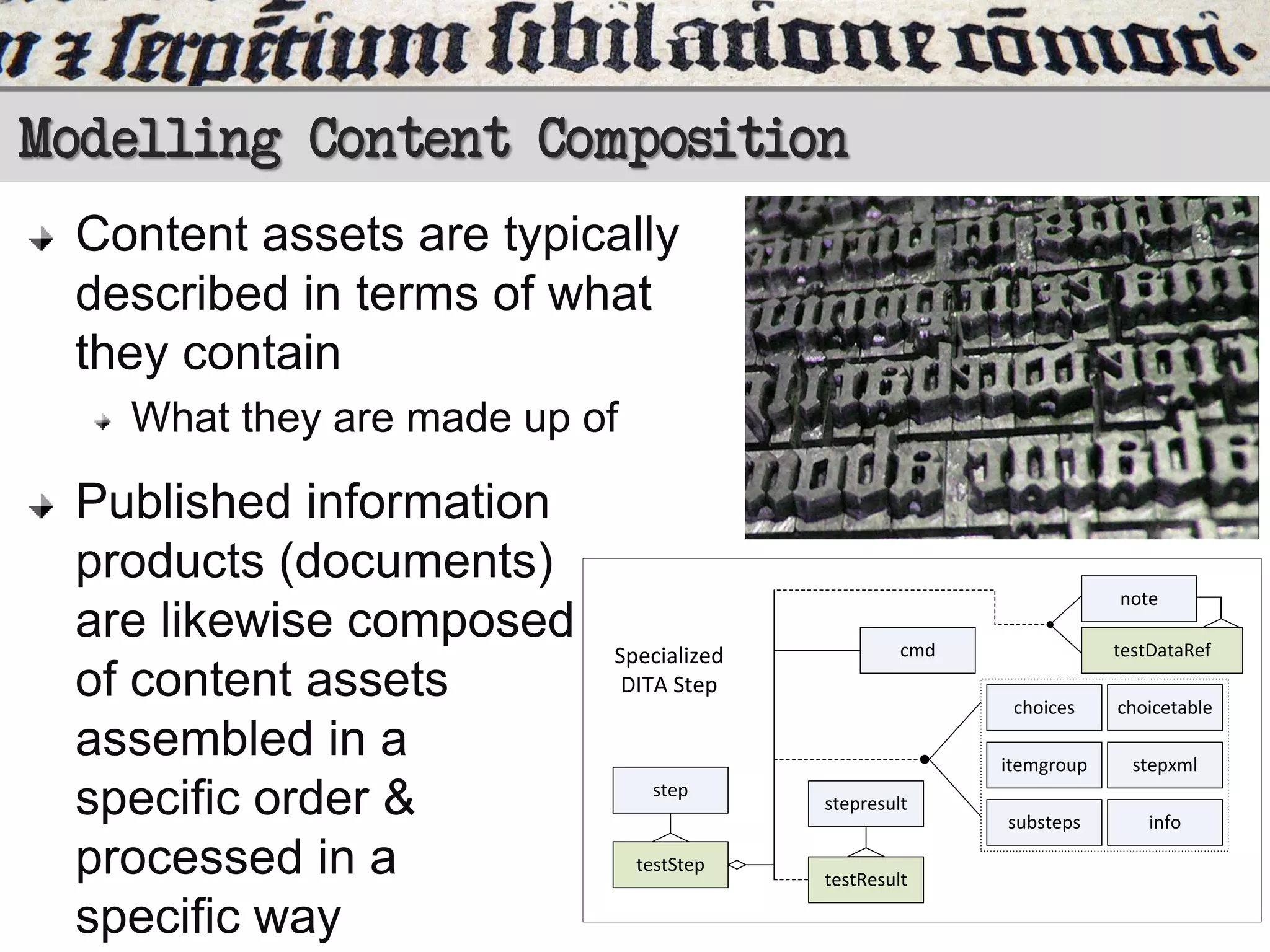 Modelling Content Composition
Content assets are typically
described in terms of what
they contain
What they are made up of

Published information
products (documents)
are likewise composed
of content assets
assembled in a
specific order &
processed in a
specific way

note

Specialized
DITA Step

cmd

testDataRef
choices
itemgroup

step

testStep

stepresult

testResult

choicetable
stepxml

substeps

info

 