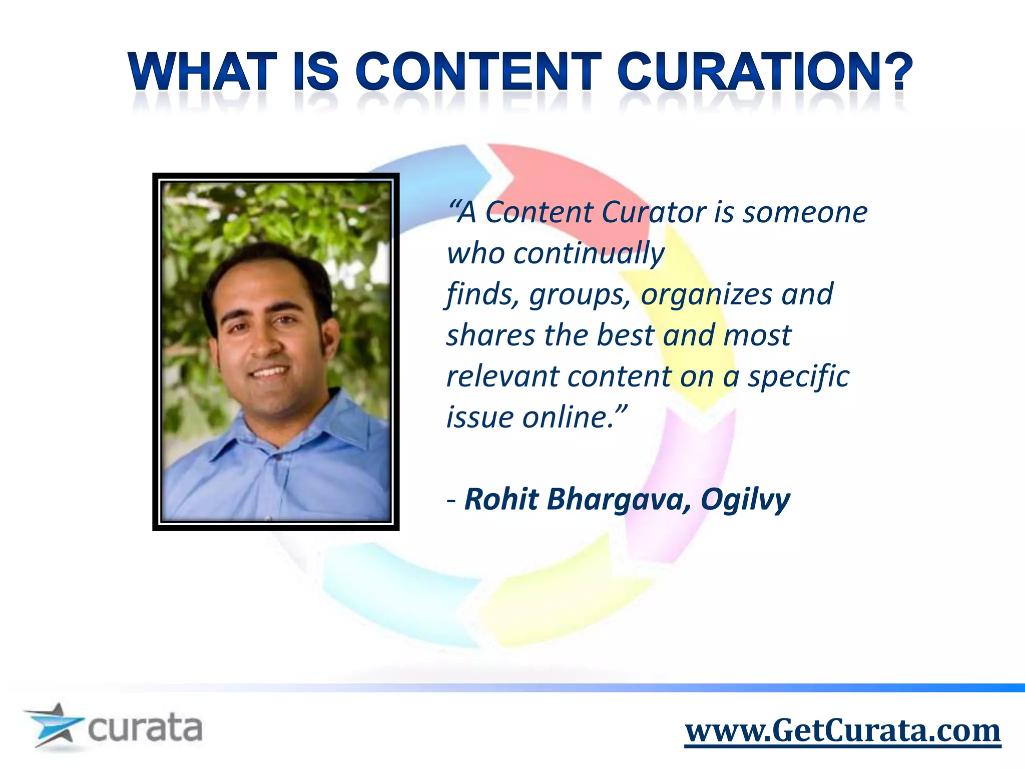 “A Content Curator is someone
who continually
finds, groups, organizes and
shares the best and most
relevant content on a specific
issue online.”

- Rohit Bhargava, Ogilvy




                www.GetCurata.com
 