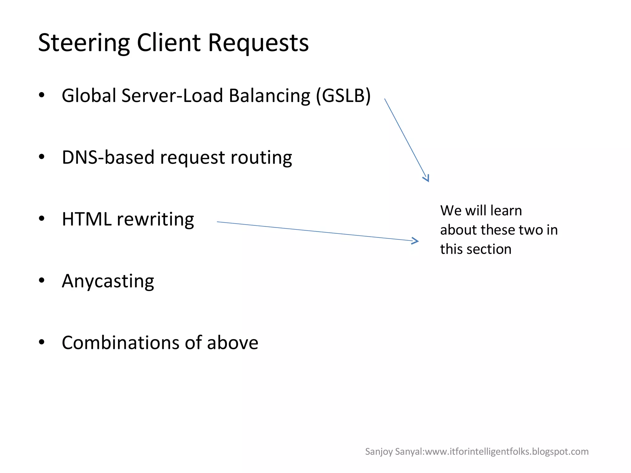 Steering Client Requests Global Server-Load Balancing (GSLB)  DNS-based request routing  HTML rewriting  Anycasting  Combinations of above  We will learn about these two in this section Sanjoy Sanyal:www.itforintelligentfolks.blogspot.com 