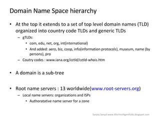 Domain Name Space hierarchy At the top it extends to a set of top level domain names (TLD) organized into country code TLDs and generic TLDs gTLDs: com, edu, net, org, int(international) And added: aero, biz, coop, info(information protocols), museum, name (by persons), pro  Coutry codes : www.iana.org/cctld/cctld-whois.htm  A domain is a sub-tree Root name servers : 13 worldwide( www.root-servers.org ) Local name servers: organizations and ISPs Authoratative name server for a zone Sanjoy Sanyal:www.itforintelligentfolks.blogspot.com 