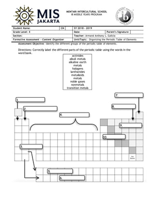 MENTARI INTERCULTURAL SCHOOL
IB MIDDLE YEARS PROGRAM
Assessment Objective: Identify the different groups of the periodic table of elements.
Directions: Correctly label the different parts of the periodic table using the words in the
word bank.
Student Name: CN SY 2018 - 2019
Grade Level: 8 Date: Parent’s Signature
Section: Teacher: Armand Anthony L. Galicia
Formative Assessment – Content Organizer Unit/Topic: Organizing the Periodic Table of Elements
actinides
alkali metals
alkaline earth
metals
halogens
lanthanides
metalloids
metals
noble gases
nonmetals
transition metals
 