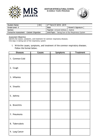 MENTARI INTERCULTURAL SCHOOL
IB MIDDLE YEARS PROGRAM
Assessment Objective:
Identify the causes, symptoms, and treatment for common respiratory diseases.
Cite ways in taking care of the respiratory system
I. Write the causes, symptoms, and treatment of the common respiratory diseases.
Follow the format below.
Diseases Causes Symptoms Treatment
1. Common Cold
2. Cough
3. Influenza
4. Sinusitis
5. Asthma
6. Bronchitis
7. Pneumonia
8. Tuberculosis
9. Lung Cancer
Student Name: CN 2nd
Term SY 2018 - 2019
Grade Level: 8 Date: Parent’s Signature
Section: Teacher: Armand Anthony L. Galicia
Formative Assessment - Content Organizer Unit/Topic: Taking Care of Our Respiratory System
 