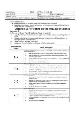 Assessment Objectives:
 Create a timeline for different energy uses for a particular civilization.
 Describe to what extent was the development of civilizations is influenced by the kinds of
energy they had available to use.
Criterion D: Reflecting on the Impacts of Science
Maximum: 8
At the end of Grade 7 and 8, students should be able to:
i. describe the ways in which science is applied and used to address a specific problem or
issue
ii. discuss and analyze the various implications of using science and its application in
solving a specific problem or issue
iii. apply scientific language effectively
iv. document the work of others and sources of information used.
Student Name: CN 1st
Term SY 2018 - 2019
Level: Grade 8 Date: Parent’s Signature
Subject: Science Teacher: Armand Anthony L. Galicia
Formative Assessment – Content and Graphic Organizer Unit/Topic: The History of Humanity as Energy Users
Achievement
level
Level descriptor
0 The student does not reach a standard indicated by any of the descriptors below.
1–2
The student is able to:
i. state the ways in which science is used to address a specificproblemor issue
ii. state the implications of the use of science to solve a specific problemor issue,
interacting with a factor
iii. apply scientificlanguage to communicate understanding but does so with limited
success
iv. document sources, with limited success.
3–4
The student is able to:
i. outline the ways in which science is used to addressa specific problemor issue
ii. outline the implications of using science to solve a specific problemor issue,
interacting with a factor
iii. sometimes apply scientific language to communicate understanding
iv. sometimes document sources correctly.
5–6
The student is able to:
i. summarize the ways in which science is applied and used to address a specific
problem or issue
ii. describe the implications of using science and its application to solve a specific
problem or issue, interacting with a factor
iii. usually apply scientificlanguage to communicate understanding clearly and
precisely
iv. usually document sources correctly.
7–8
The student is able to:
i. describe the waysin which science is applied and used to address a specific
problem or issue
ii. discuss and analyze the implications of using science and its application to solve
a specific problem or issue, interacting with a factor
iii. consistently apply scientificlanguage to communicate understanding clearly and
precisely
iv. document sources completely.
 