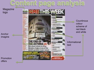 Content page analysis Magazine logo Countinous colour scheme of red black and white Anchor imagine Informational text Promotion offers 