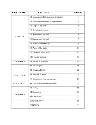 CHAPTER NO CONTENTS PAGE NO
CHAPTER I
1.1 Introduction of the customer satisfaction 1
1.2 Customer Satisfaction of measurement 2
1.3 Scope of the study 4
1.4 Objective of the study 5
1.5 Need and of the study 6
1.6 Statement of the study 7
1.7 Research methodology 8
1.8 Period of the study 11
1.9 Limitation of the study 12
1.10 Chapter Scheme 13
CHAPTER II 2.1 Review of literature 15
CHAPTER III
3.1 Industry profile 18
3.2 Company Profile 22
3.3 Network of Airtel 25
3.4 Organisation Structure partners 27
CHAPTER IV 4.1 Data analysis and Interpretation 31
CHAPTER V
5.1 Finding 55
5.2 Suggestion 56
5.3 Conclusion 57
BIBLIOGRAPHY 58
APPENDIX 59
 