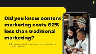Did you know content
marketing costs 62%
less than traditional
marketing?
Content marketing also generates more than 3
times the lead.
 