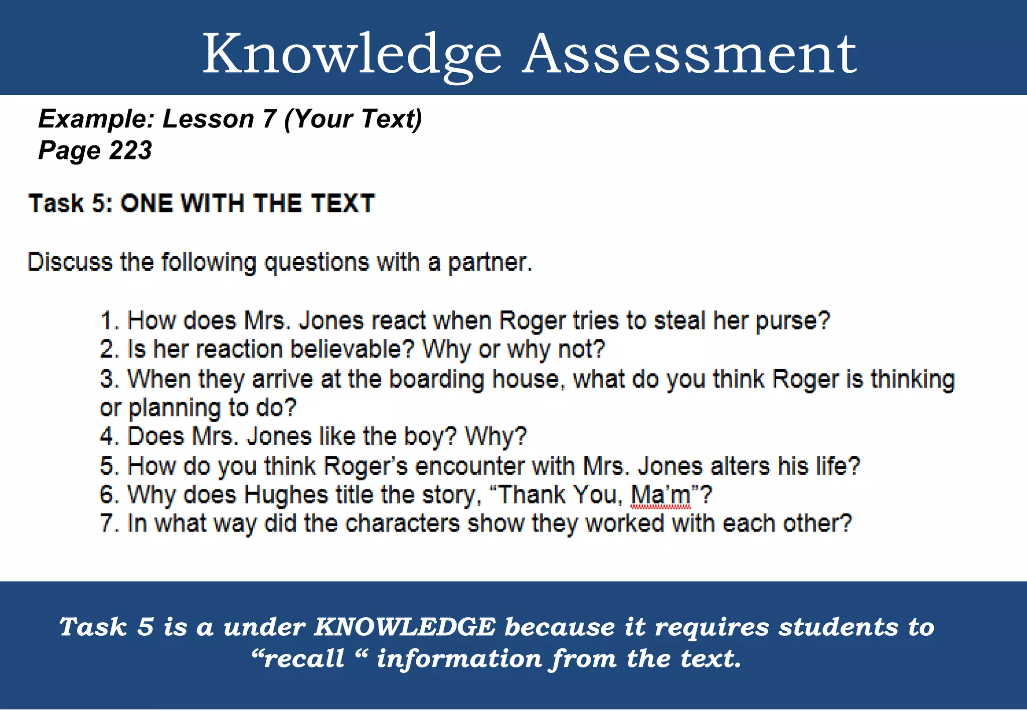 Example: Lesson 7 (Your Text)
Page 223
Knowledge Assessment
Task 5 is a under KNOWLEDGE because it requires students to
“recall “ information from the text.
 