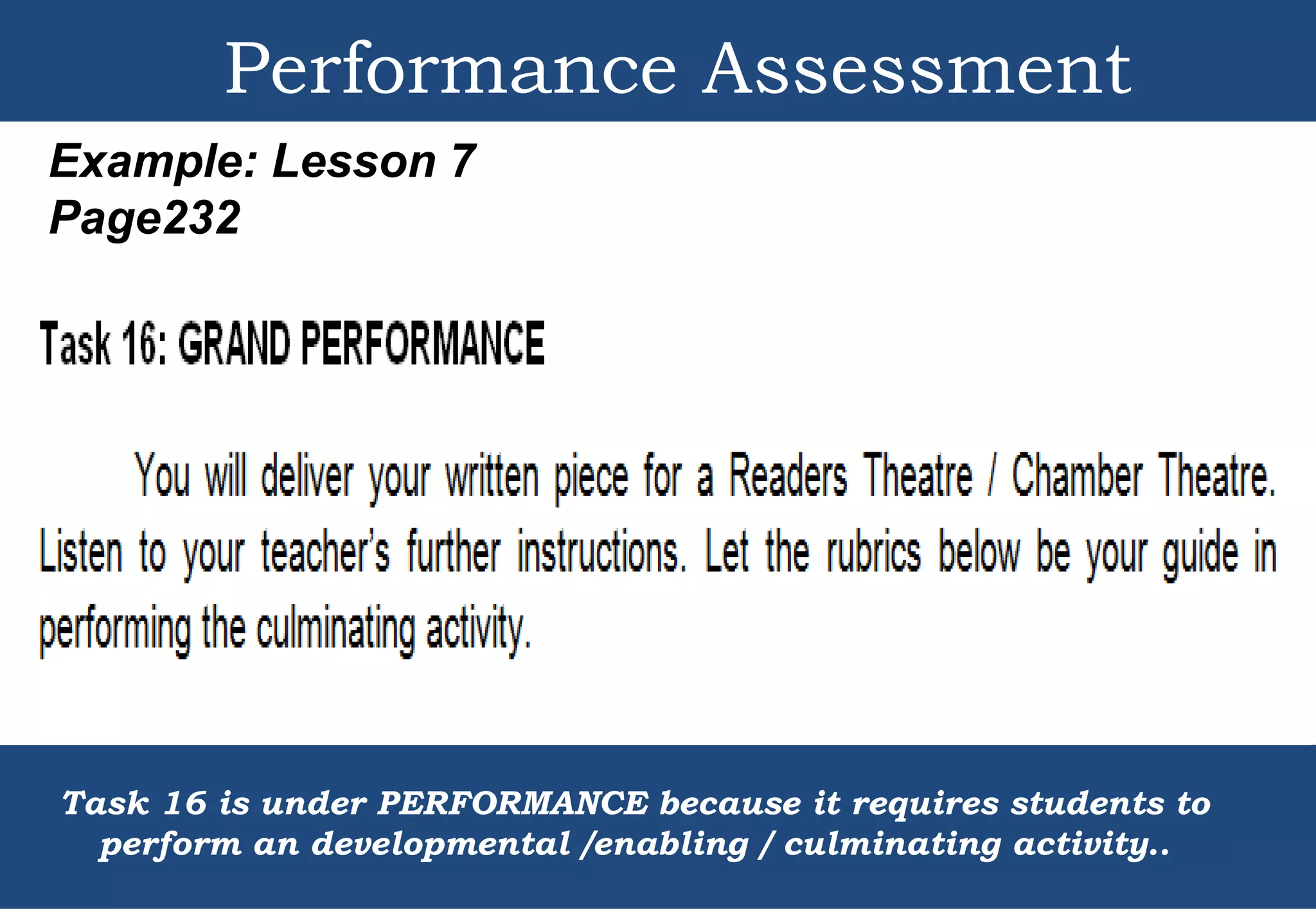 Example: Lesson 7
Page232
Performance Assessment
Task 16 is under PERFORMANCE because it requires students to
perform an developmental /enabling / culminating activity..
 