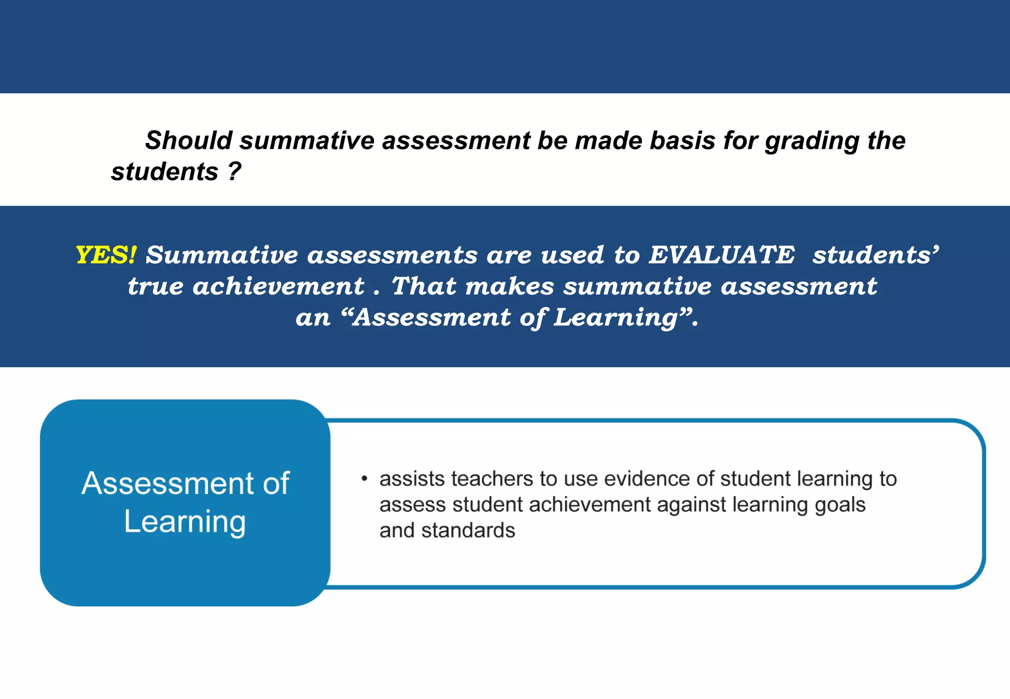 Should summative assessment be made basis for grading the
students ?
YES! Summative assessments are used to EVALUATE students’
true achievement . That makes summative assessment
an “Assessment of Learning”.
 