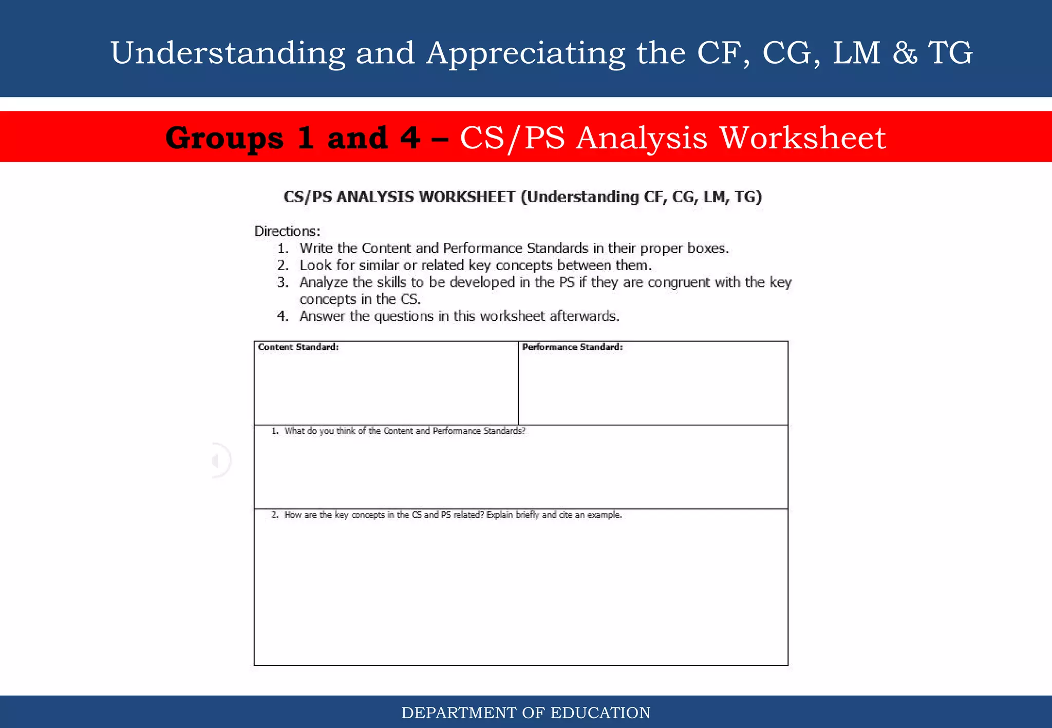 DEPARTMENT OF EDUCATION
Understanding and Appreciating the CF, CG, LM & TG
Groups 1 and 4 – CS/PS Analysis Worksheet
 