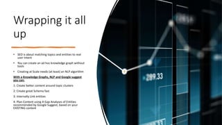 Wrapping it all
up
• SEO is about matching topics and entities to real
user Intent
• You can create an ad hoc knowledge graph without
tools
• Creating at Scale needs (at least) an NLP algorithm
With a Knowledge Graphs, NLP and Google suggest
you can:
1: Create better content around topic clusters
2: Create great Schema fast
3: Internally Link entities
4: Plan Content using A Gap Analyses of Entities
recommended by Google Suggest, based on your
EXISTING content
 