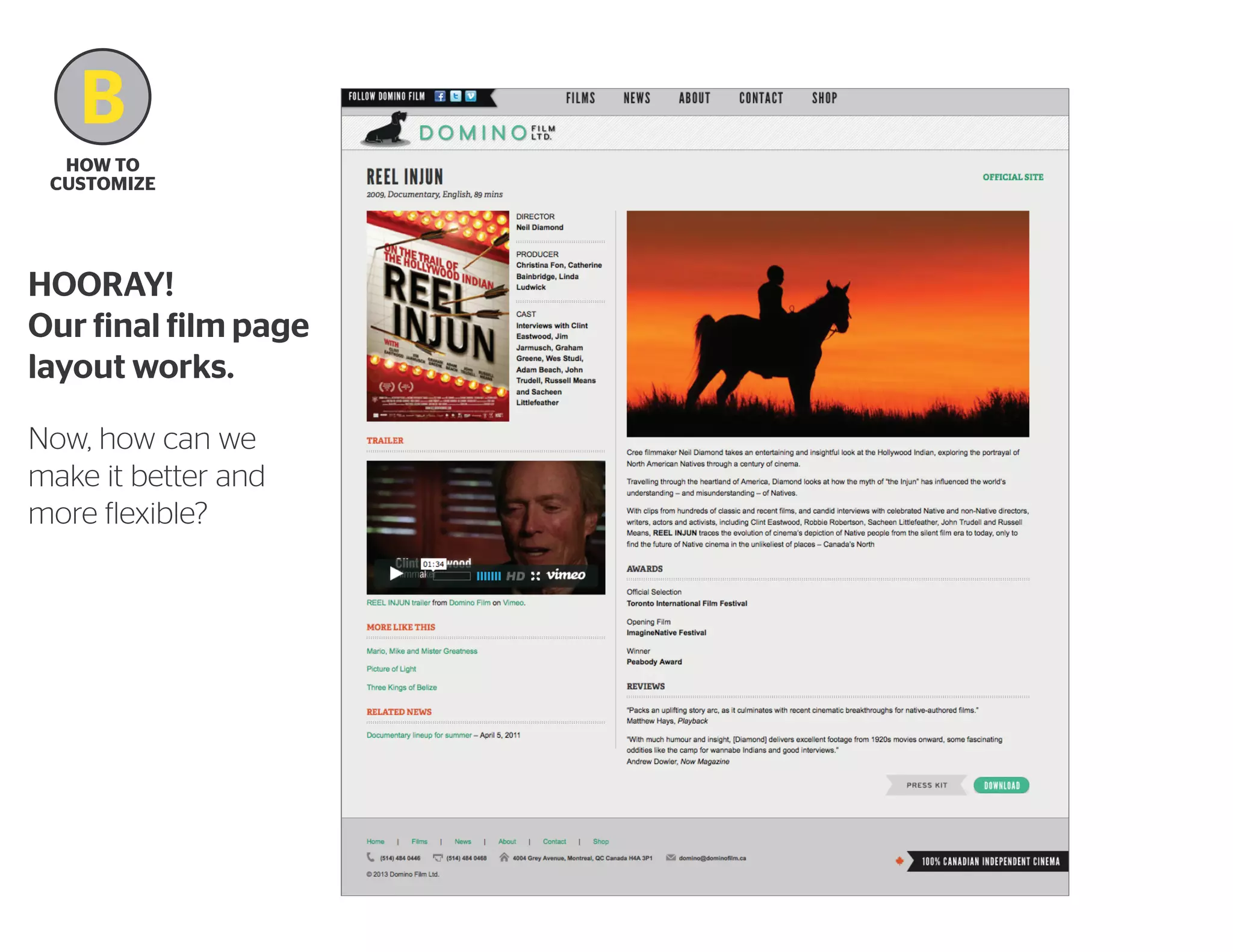 B
how to
Customize

HOORAY!
Our final film page
layout works.
Now, how can we
make it better and
more flexible?

 