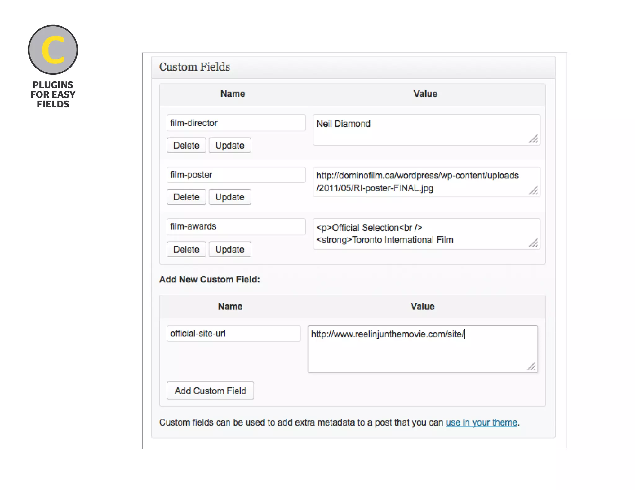 C
B
plugins
for easy
fields

 
