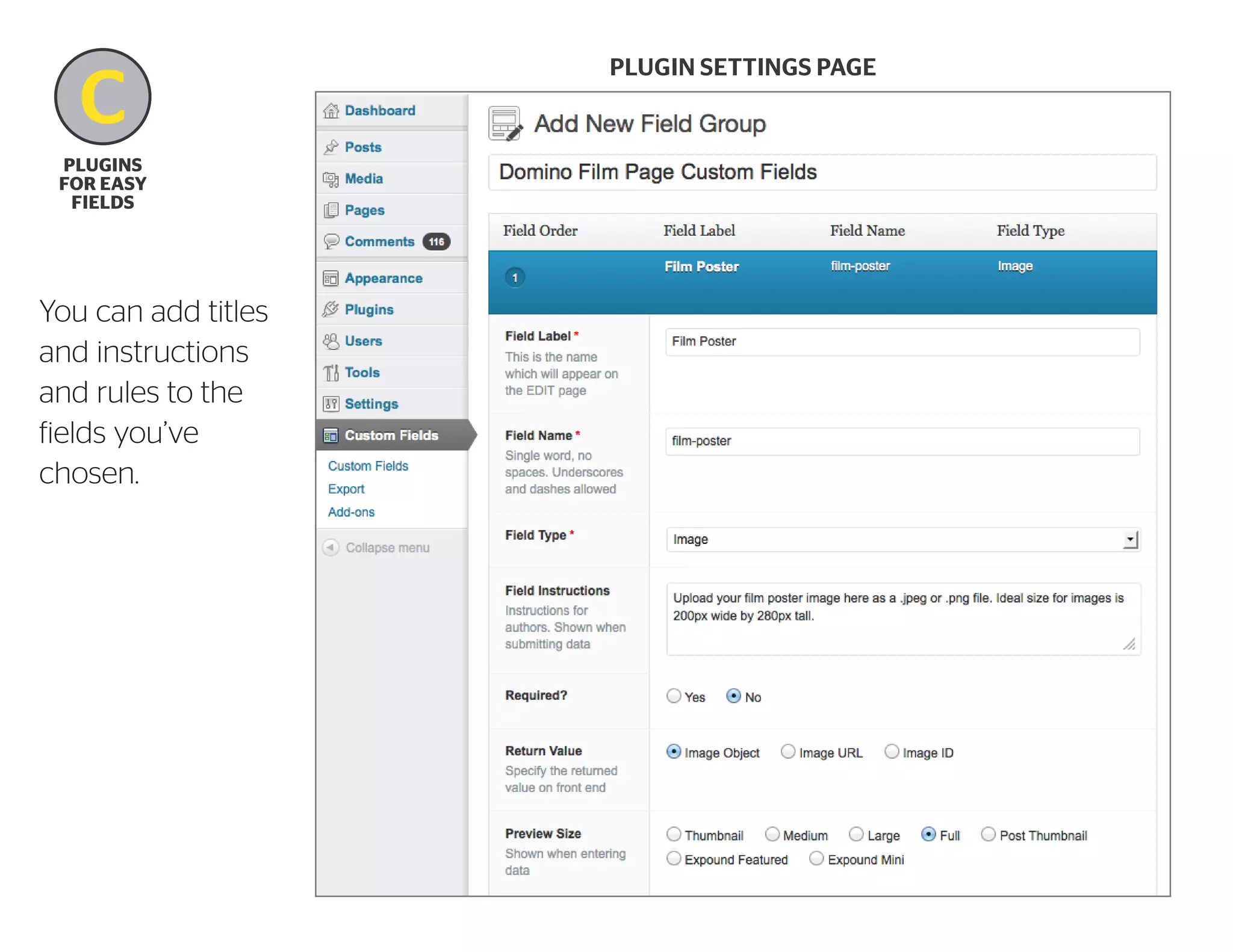 C
B
plugins
for easy
fields

You can add titles
and instructions
and rules to the
fields you’ve
chosen.

Plugin settings page

 