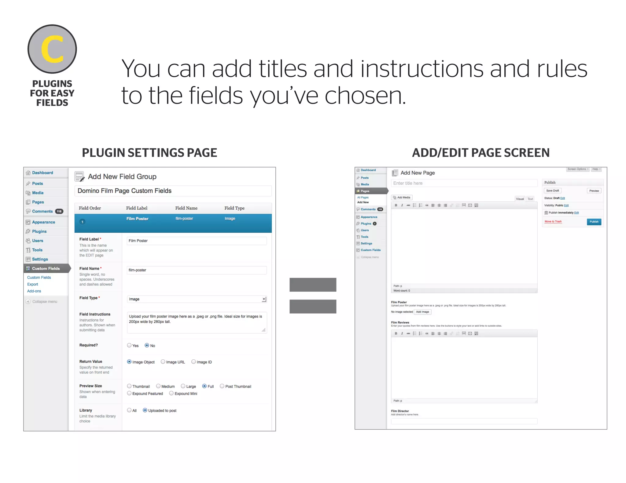 C
B
plugins
for easy
fields

You can add titles and instructions and rules
to the fields you’ve chosen.
Plugin settings page

Add/edit page screen

 