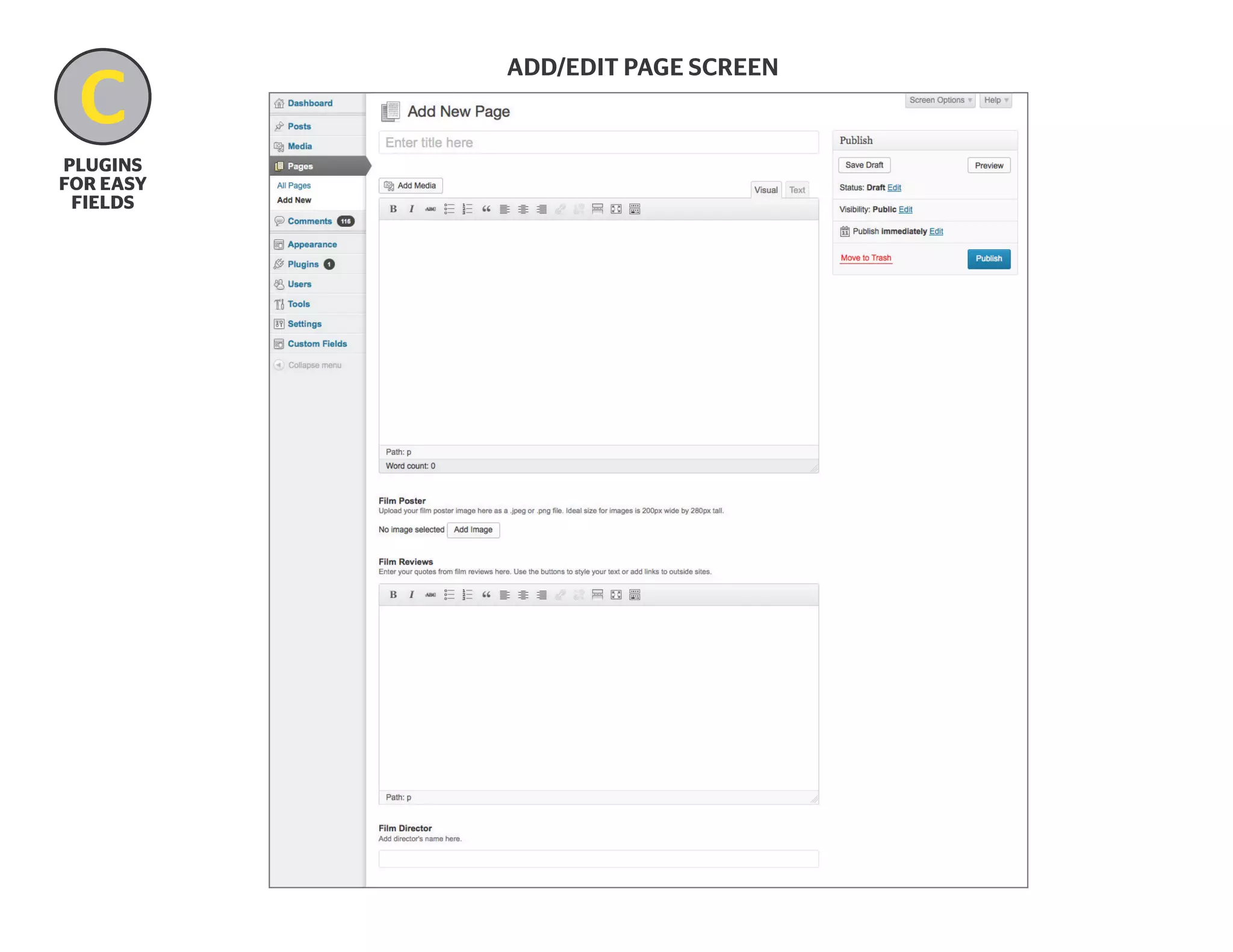 C
B
plugins
for easy
fields

Add/edit page screen

 