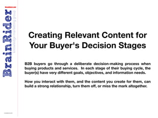 Creating Relevant Content for
  Your Buyer's Decision Stages

B2B buyers go through a deliberate decision-making process when
buying products and services.  In each stage of their buying cycle, the
buyer(s) have very different goals, objectives, and information needs. 

How you interact with them, and the content you create for them, can
build a strong relationship, turn them off, or miss the mark altogether.
 