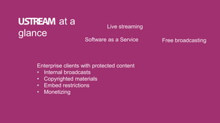 at a
glance
Live streaming
Free broadcastingSoftware as a Service
Enterprise clients with protected content
• Internal bro...
