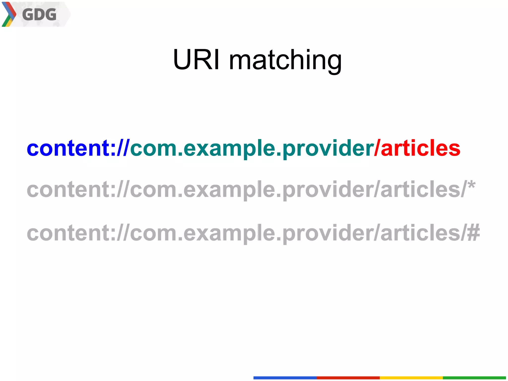 URI matching


content://com.example.provider/articles
content://com.example.provider/articles/*
content://com.example.provider/articles/#
 