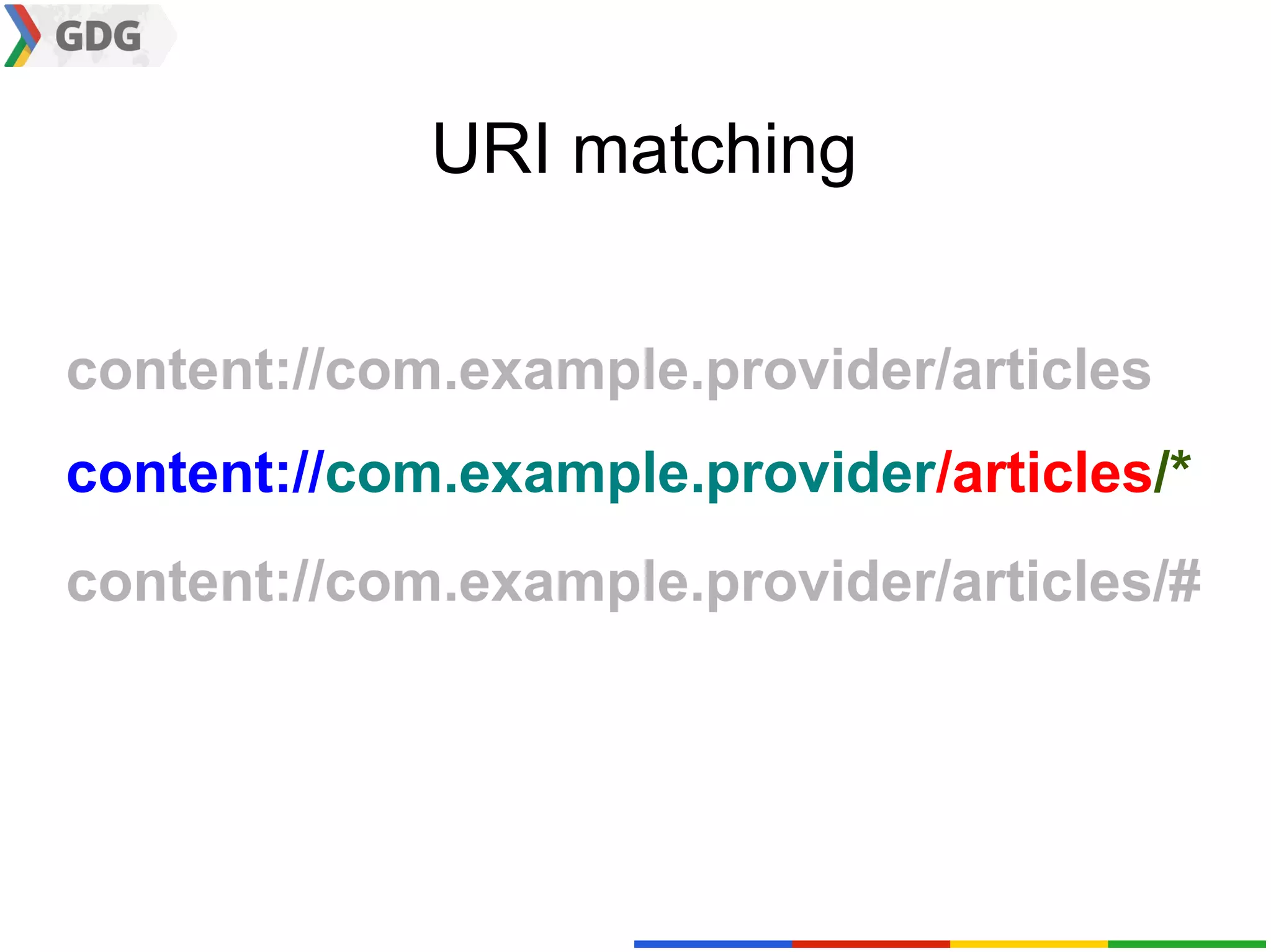 URI matching


content://com.example.provider/articles
content://com.example.provider/articles/*
content://com.example.provider/articles/#
 