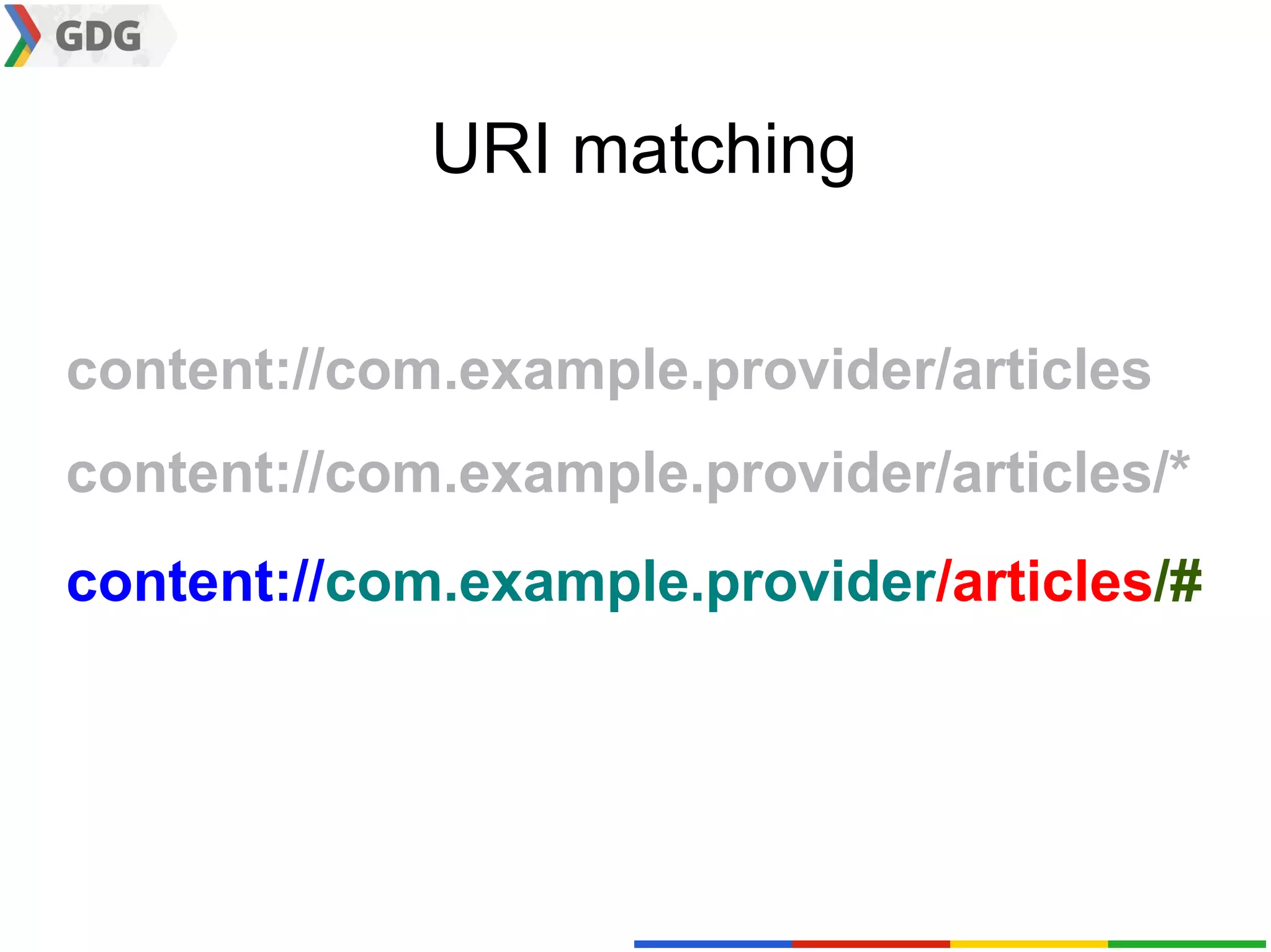 URI matching


content://com.example.provider/articles
content://com.example.provider/articles/*
content://com.example.provider/articles/#
 