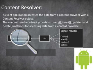 Content Resolver:
A client application accesses the data from a content provider with a
Content Resolver object.
The content resolver object provides - query(),insert(),update() and
delete() methods for accessing data from a content provider.
Content Resolver URI
Content Provider
Query()
Insert()
Update()
Delete()
 