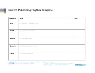 Content Publishing Rhythm Template

Frequency

What

Daily

e.g. 3 tweets, 2 Facebook posts,

Weekly

e.g. blog post, newsletter

Monthly

e.g. newsletter, video

Quarterly

e.g. E-book, premium content

Yearly

Who

e.g. Report, Research

Free Download at http://www.bluewiremedia.com.au/content-publishing-rhythm-template

 2014 by Bluewire Media

Bluewire Media www.bluewiremedia.com.au/ 1300 258 394 (BLUEWIRE)

Copyright holder is licensing this under the Creative Commons License, Attribution 3.0

@Bluewire_Media

Please feel free to post this on your blog or email, tweet & share it with whomever.

v1.1

 