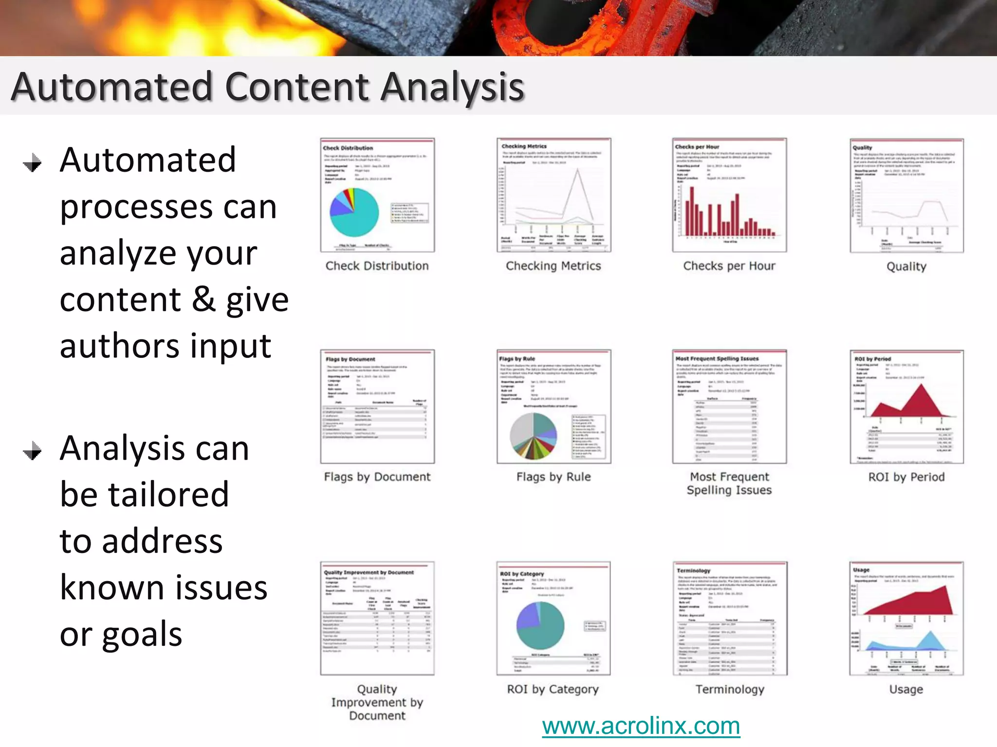 Automated
processes can
analyze your
content & give
authors input
Analysis can
be tailored
to address
known issues
or goals
Automated Content Analysis
www.acrolinx.com
 