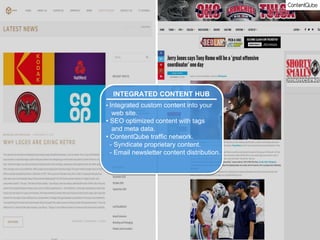 INTEGRATED CONTENT HUB
• Integrated custom content into your
web site.
• SEO optimized content with tags
and meta data.
• ContentQube traffic network.
- Syndicate proprietary content.
- Email newsletter content distribution.
 