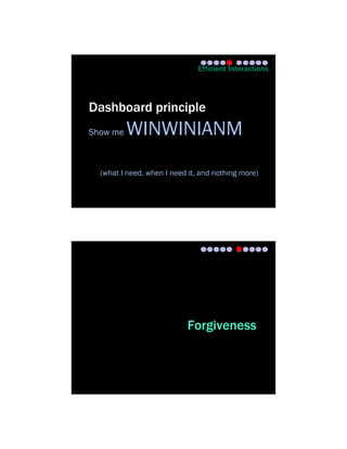 Efficient Interactions




Dashboard principle
Show me   WINWINIANM
  (what I need, when I need it, and nothing more)




                           Forgiveness
 