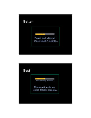 Better



          Please wait while we
         check 10,357 records…




Best

           Time remaining… 8 seconds



          Please wait while we
         check 10,357 records…
 
