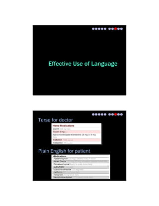 Effective Use of Language




Terse for doctor




Plain English for patient
 