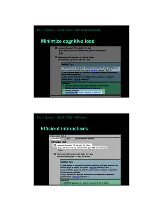 MU > Quality > EBM CPOE > Min cognitive load


  Minimize cognitive load




MU > Quality > EBM CPOE > Efficient


  Efficient interactions
 